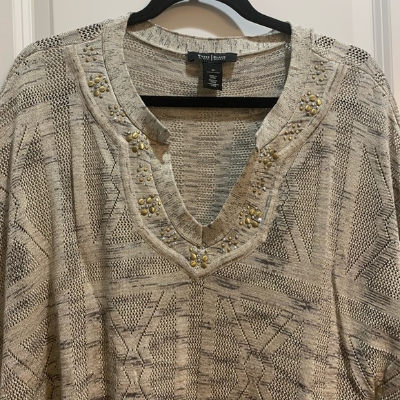 White House Black Market Beige Embellished Dolman Split VNeck Sweater Medium. - Picture 3 of 6